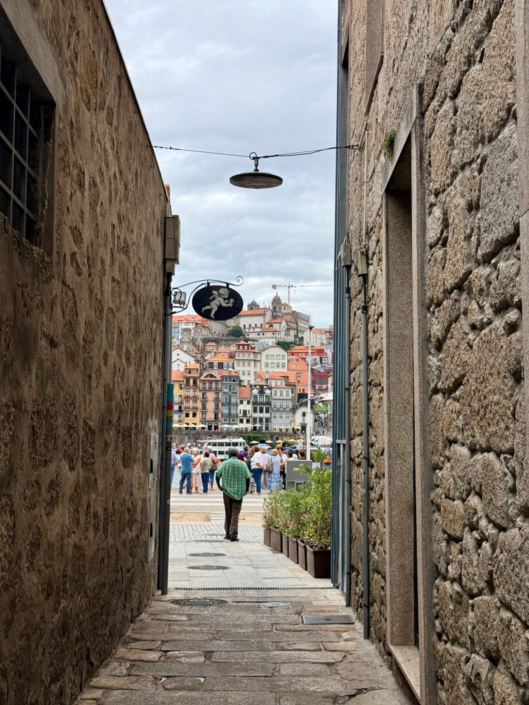 View of a narrow alleyway leading to a waterfront plaza with historic buildings in the background, featuring a person walking towards the exit.